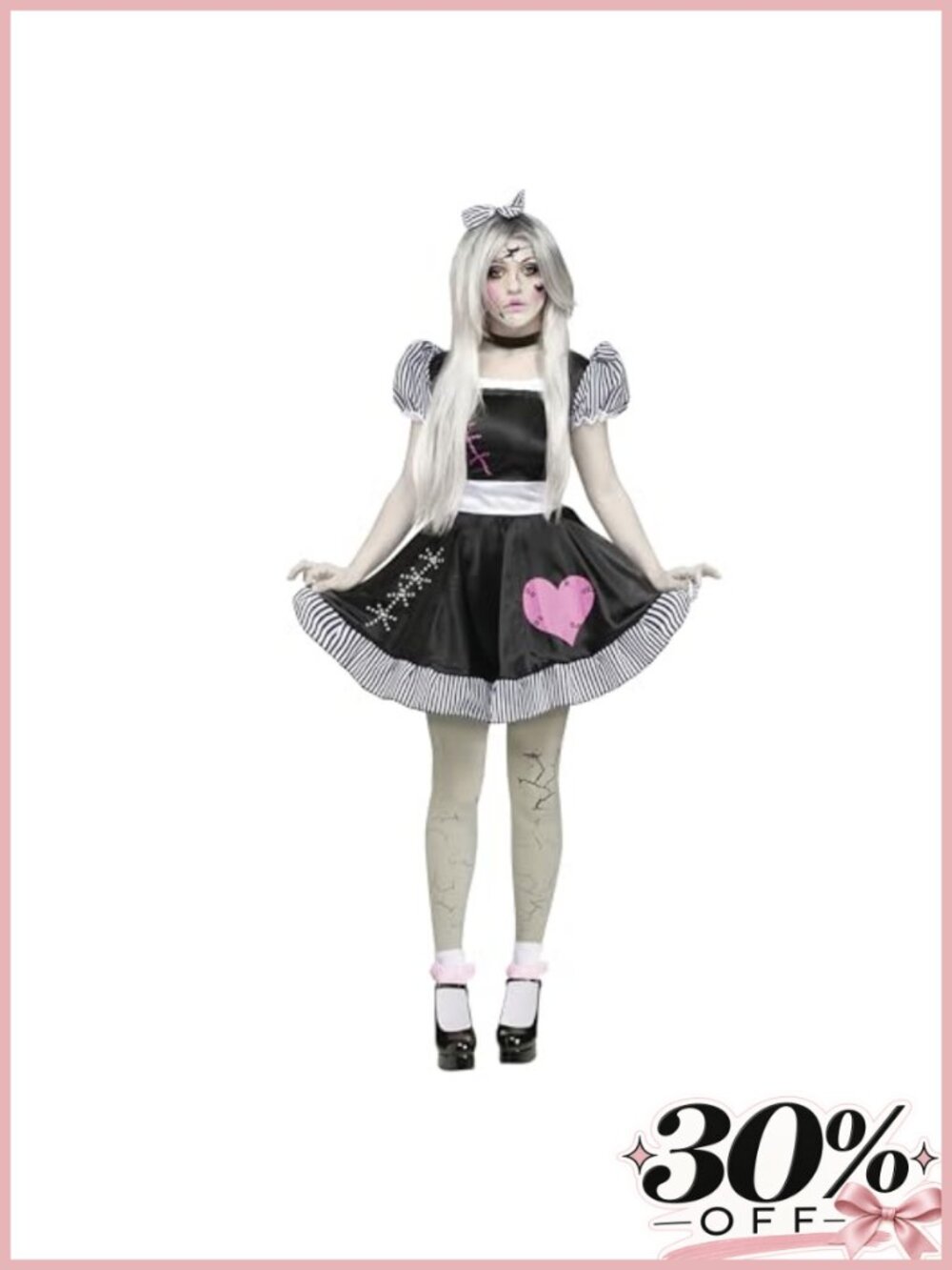 Broken Doll Adult Costume Dress Tights Choker Hair Bow